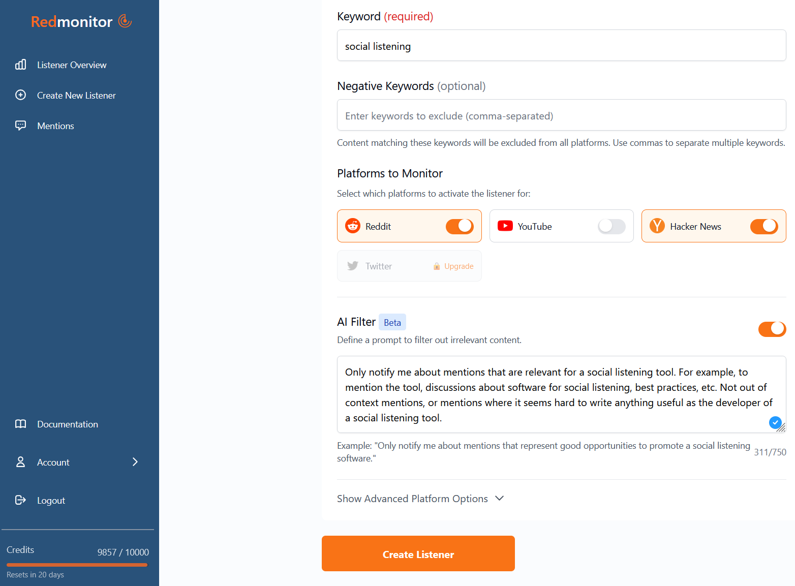 Social listening alerts setup example